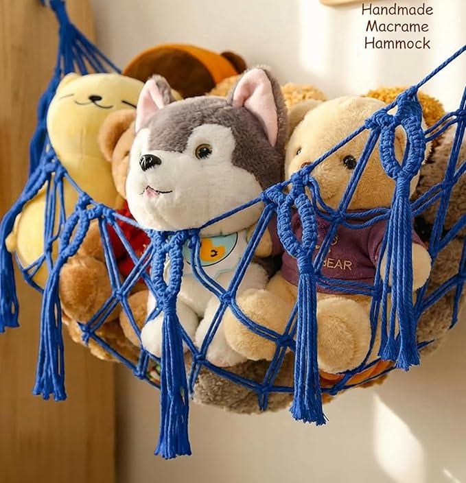 Stuffed Animal Net or Hammock for Flat Wall Mounted Handmade Macrame Toy Display Hanging Plush Toy Net for Stuff Animal Storage(blue large)