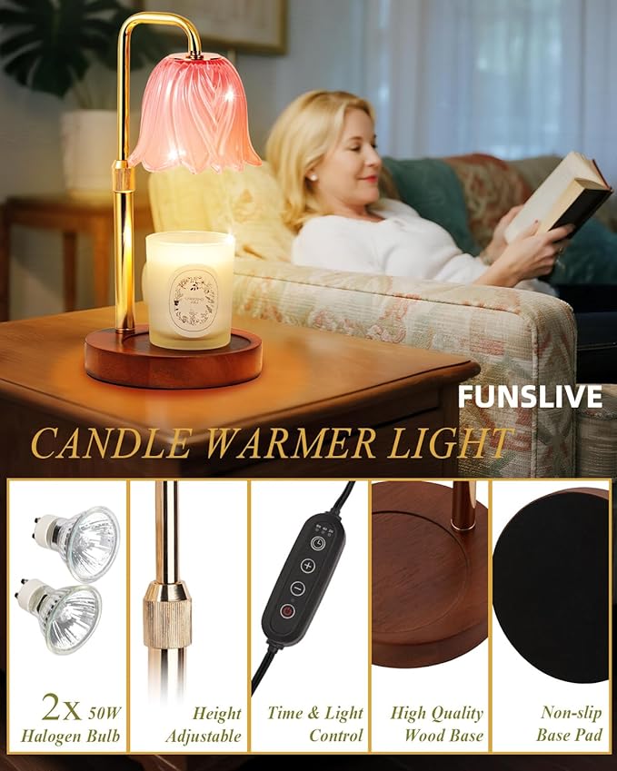 Funslive Flower Candle Warmer Lamp with Timer Dimmable, Candle Warming Light Height Adjustable, Birthday Gifts for Women, Candles Warmer Light for Jar Candles, House Warming Gifts New Home Decor