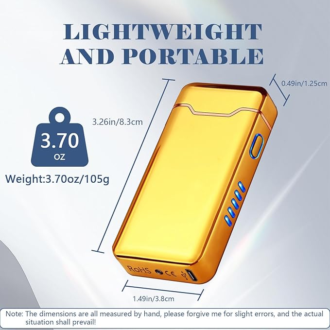 BABOBIU USB Lighter Electric Lighters Rechargeable Arc Lighters with LED Light Power Display Windproof Lighter for Men Boyfriend Husband Candle Incense Stick Outdoor (Glossy Gold)