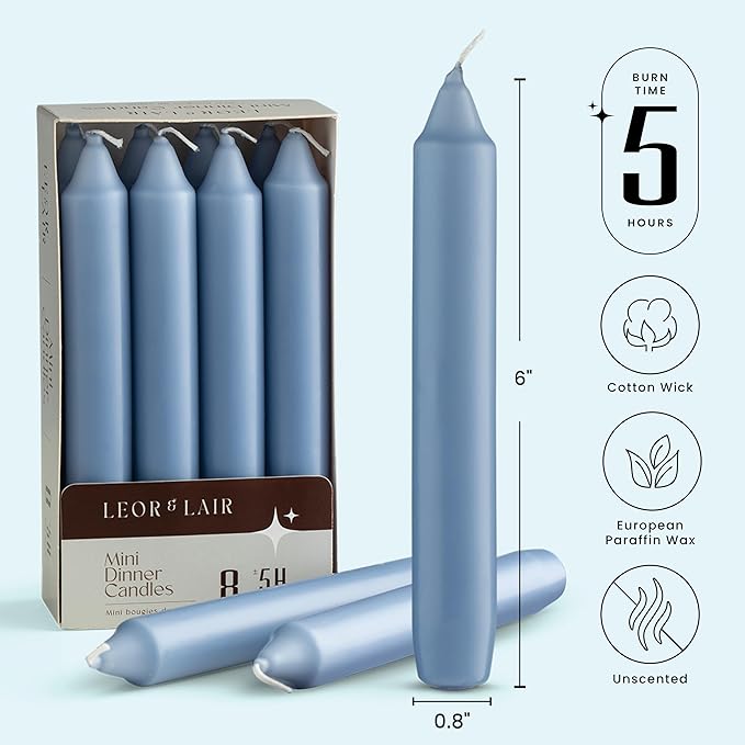 Leor & Lair 6 Inch Blue Candlesticks – Pack of 8 Unscented Blue Taper Candles with Cotton Wick – 5 Hour Burn Short Taper Candles for Coastal Homes & Winter Events