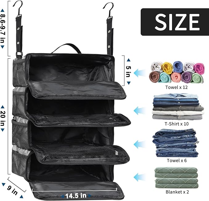 esouler Suitcase Organizer, Travel Luggage Organizer hanging packing cubes for travel，portable hanging travel shelves Collapsible closet organizer for Carry-on (Grey, Medium)