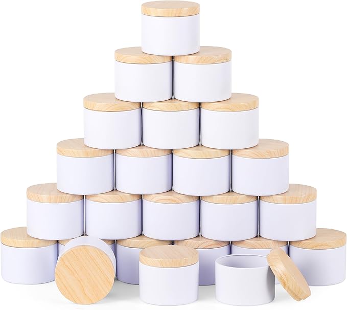 24 Pcs 8oz Candle Tins - Matte White Bulk Empty Candle Jars with Wood Grain Lids, Candle Jars for Making Candles,Candle Making Kit for Adults