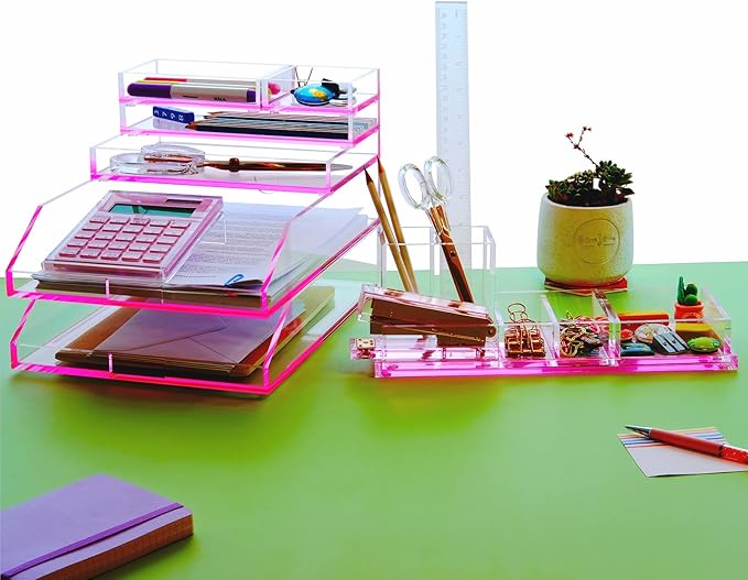 4-Piece Stackable Pink Acrylic Desk Organizer for Office or Home Desk Drawer Dividers, Makeup Vanity Storage Bins, Accessory Acrylic Tray/Half Accessory Tray/Small Tray