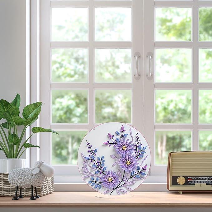 ARTopet DIY Diamond Desktop Ornament PET Irregular Shape Special Shaped Crystal Double Sided Pattern Single Sided Diamond Art Painting Tabletop Home Ornaments Decor (Purple Flowers01)