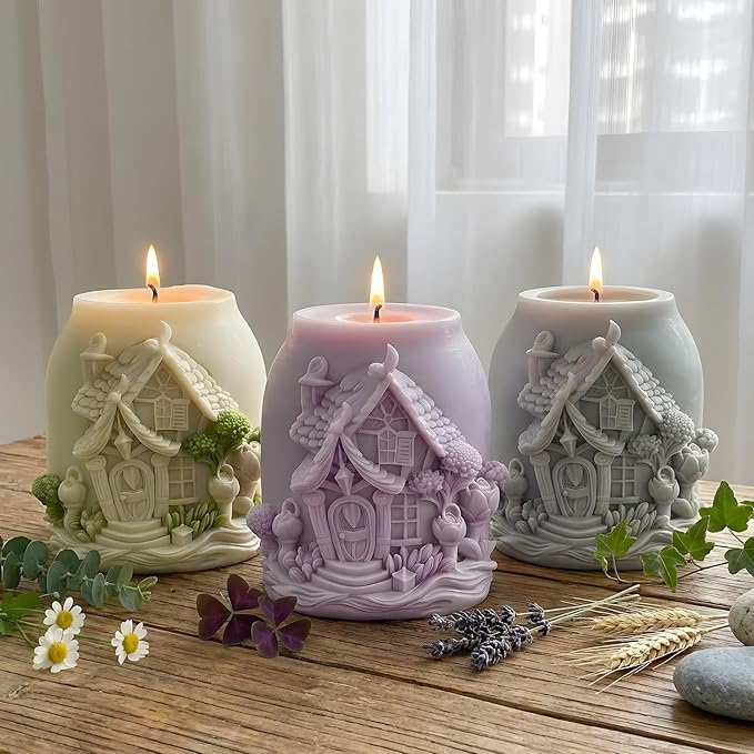 XIAOSHUI Magic House Relief Cylinder Candle Molds 3D Fairy Forest House Candle Silicone Mold for Candles Making Resin Casting Aromatherapy Candles Gypsum Craft Home Decorate