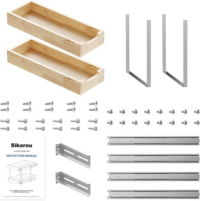 Sikarou Wood Pull Out Cabinet Organizer 2 Tie 9" W x 21" D, Heavy-Duty Sliding Drawers for Inside Cabinets Storage and Organization for Kitchen, Pantry, Bathroom