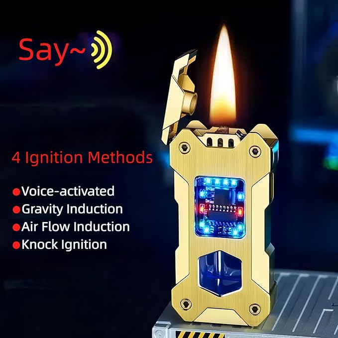 Smart Kerosene Lighter 4-Ignition Methods, Voice Activated Soft Flame Lighter, Metal Mecha Style Refillable Lighters with Cool Colorful Breathing Light (Brushed Gold, No Fuel)