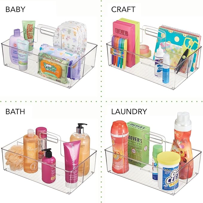 mDesign Large Plastic Divided Portable Storage Organizer Caddy Tote Basket Bin with Handle for Kitchen, Pantry, Countertop, Cabinet, Cupboard - Ligne Collection - Clear