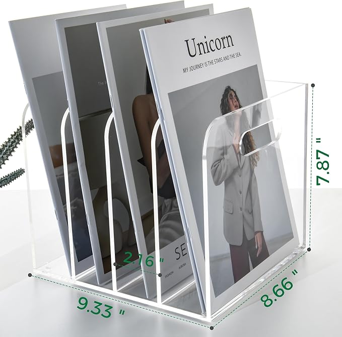 4 Vertical Compartments File Holder, Clear Acrylic Desk Organizer and Storage Bins Holding for Magazines, Binders, Notebooks, Envelopes, Multi-purpose Document Organizer for Home Office