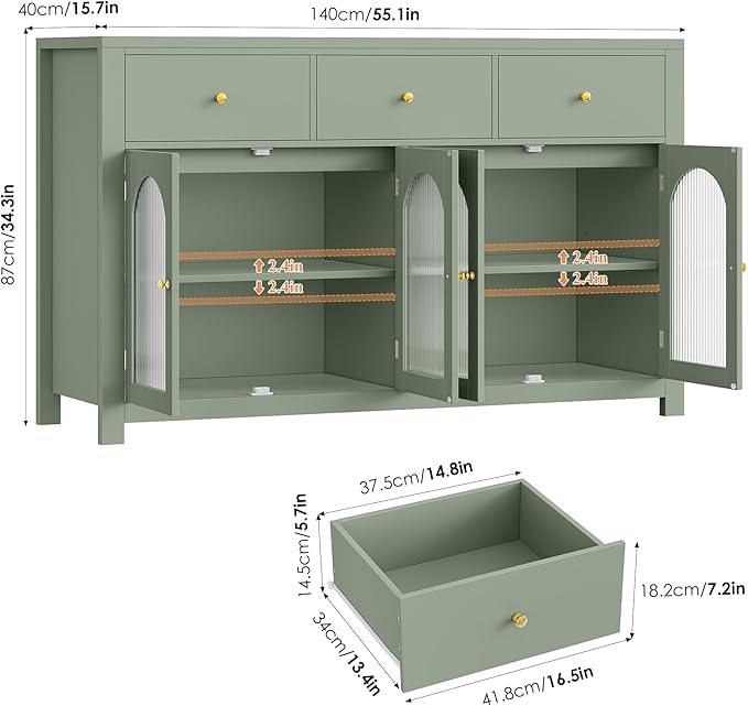 FINETONES Buffet Cabinet with Storage, 55.1" Large Sideboard Buffet, Farmhouse Kitchen Cabinet with 3 Drawers and 4 Doors, Wood Coffee Bar Table for Kitchen, Green