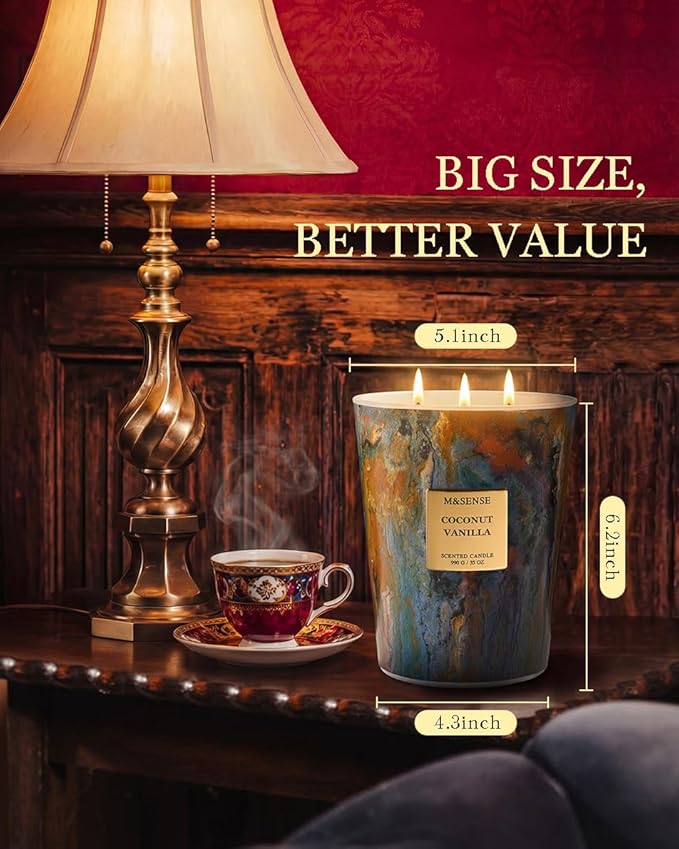 M&SENSE Large 3-Wick Coconut Vanilla Scented Soy Candle, 35oz 150 Hours Non-Toxic, Spring Candles Party Essential Spa Home Fragrance & Decor