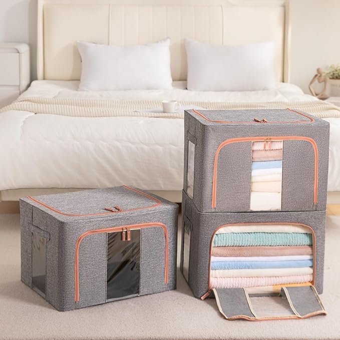 GuliPostan 24L Stackable Clothes Storage Bins with Metal Frame Handles & Zipper, Collapsible Closet Organizer Box with Lid for Bedding Blankets Towel (Grey,1 pack)