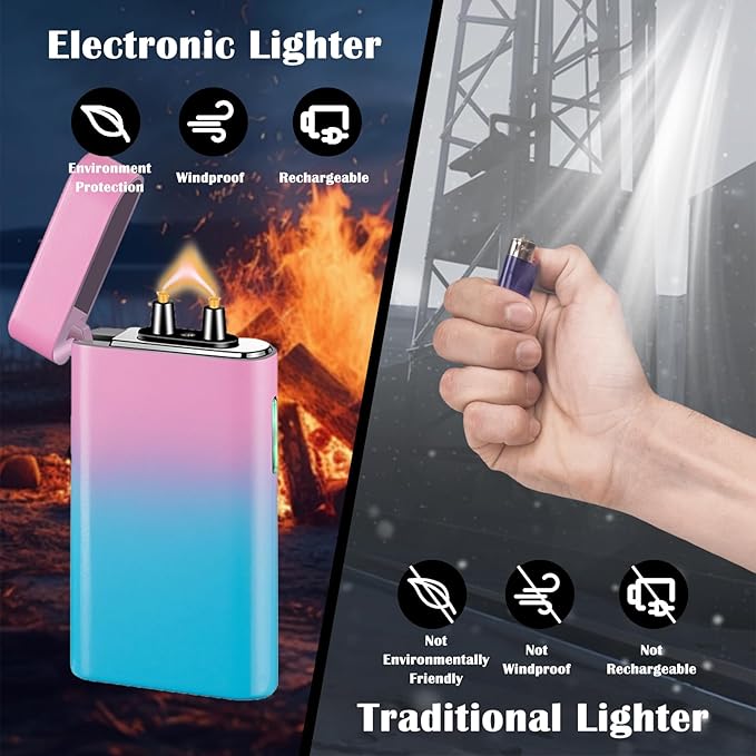 Arc Lighter Rechargeable USB C Electric Lighter Electronic Plasma Lighters Metal Chargeable Lighters with LED Dazzling Power Display Design for Outdoor, Camping, BBQ (PinkBlue)