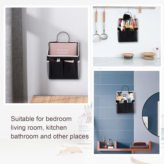 LYroo 2 Pack Black Wall Hanging Storage Organizer Basket with Pockets for Bathroom Bedroom Kitchen Dorm Room Essentials Rv Storage and Organization
