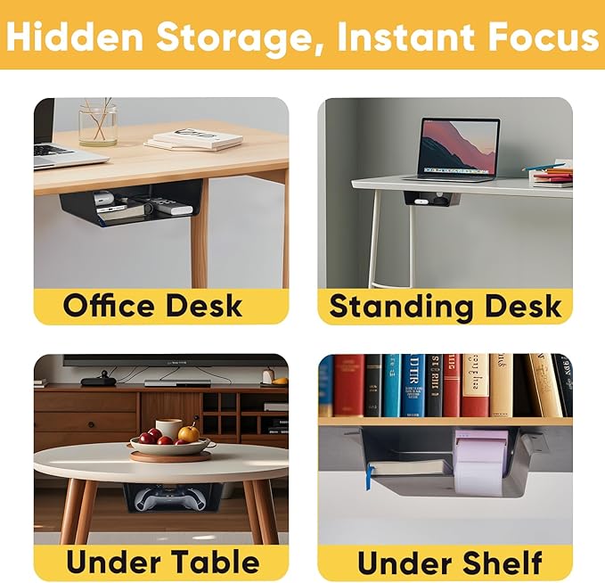 4 Pack Under Desk Hanging Shelf Drawer Organizer, Attachable Plastic Hidden Storage Tray, Easy Adhesive Mount Holder for Standing Tables, Office, Counters, Cabinets, Workstations - Black