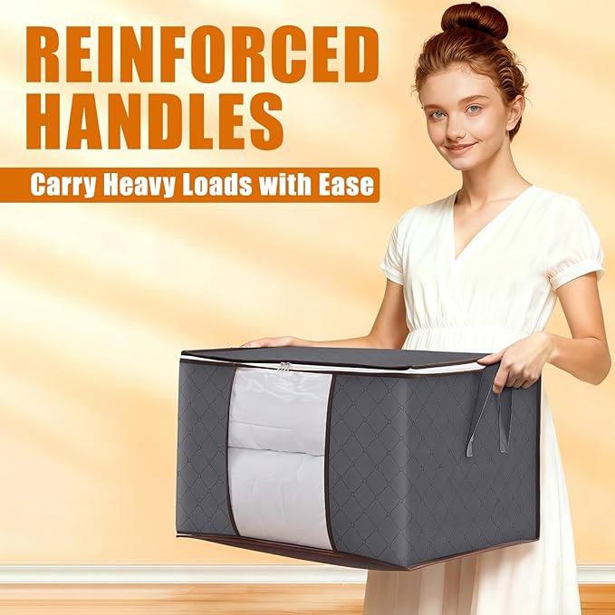 90L Large Foldable Storage Bags with Lids, 6 Pack - Closet Qrganizers and Storage Containers for Clothes, Blankets, Bedding | Reinforced Handles, Home Storage Bins, Gray