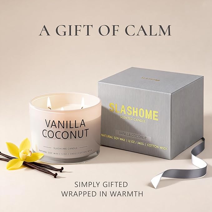 Vanilla Coconut Scented Candle, Luxury Large 3 Wick Soy Candle 12 Oz, 60+ Hour Long Lasting Clean Burn, Elegant Aromatherapy Home Decor, Valentine's Day & Housewarming & Birthday Gift for Men Women