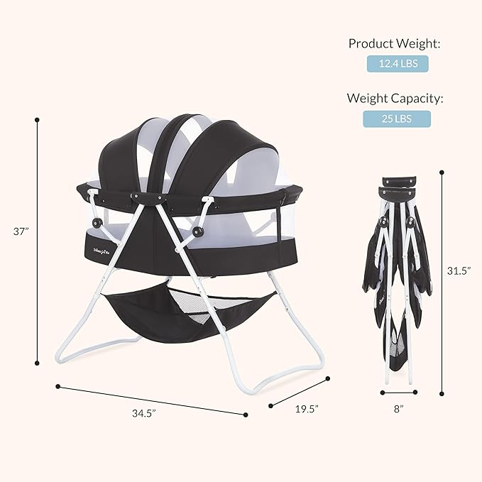 Dream On Me Karley Bassinet, Award Winner Lightweight Travel Baby Bassinet, Foldable Bedside Sleeper, Adjustable Double Canopy, Spacious Design, Soft Fabric, Storage Basket – Black