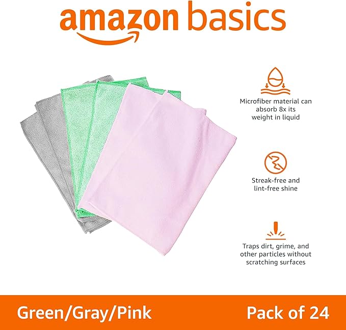 Amazon Basics Microfiber Cleaning Cloths, Ultra-Soft and Highly Absorbent, Streak-Free, Lint-Free, Scratch-Free, Washable, for Car Detailing and Glass Cleaning, 16" x 12", Green/Gray/Pink, 24-Pack