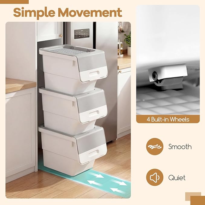 Giantex Plastic Stackable Storage Bins with Lids & Wheels, 3 Pack Open Front Stacking Bins, Organizer Bins for Pantry, Kitchen, Laundry, Closet, Playroom, Bedroom Organization (35 QT)