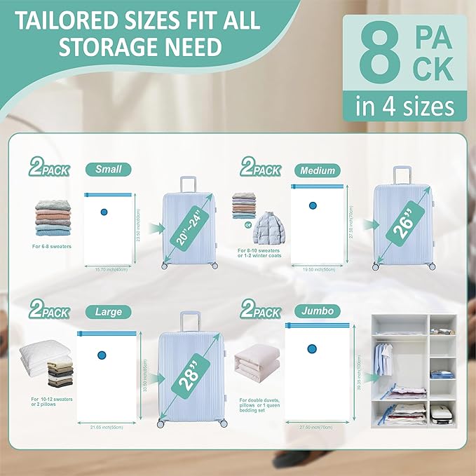 Cozy Essential Travel Vacuum Storage Bags with Rechargeable Cordless USB Pump, Space Saver Bags for Luggage, Suitcase, Carry-On, for Clothes, Blankets, Bedding & Seasonal Storage,8 Combo