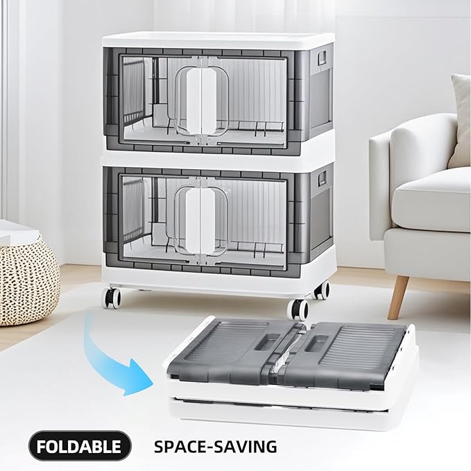 Folding Storage Organizer with Silent casters | Stackable Design for Home & Office, Heavy-Duty Plastic Storage Bin with Clear Door, 3 Sizes (19.5/23.5/27.5in),Black/White (27.6" 2 layer, White)