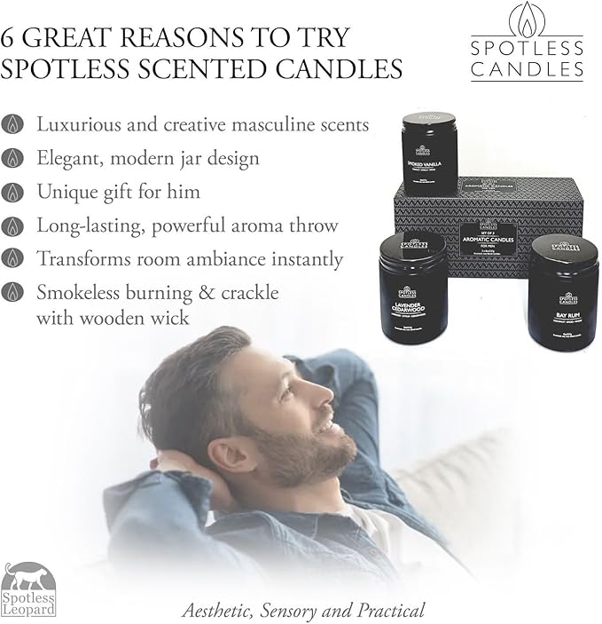 Mens Candle 3 x 8oz Pack Smoked Vanilla Bay Rum and Lavender Cedarwood Scents