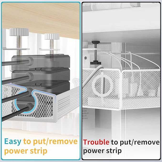 Under Desk Cable Management Tray White, No Drill Desk Cable Management Organizer with Clamp for Desk Wire Management, PC Cord Organizer Accessories & Workspace Organizers for Office, Home