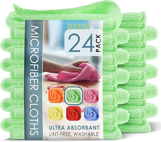 Hearth & Harbor Microfiber Cleaning Towels for Cars, 24 Pack Washcloths, Green Reusable Rags, Lint Free Cloth, 12x12 Inches