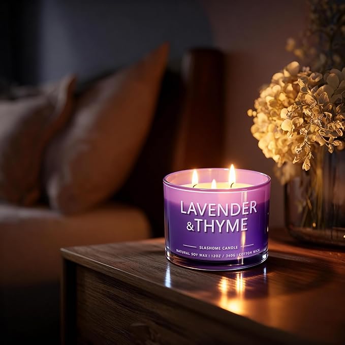 Lavender Thyme Scented Candle, Luxury Large 3 Wick Soy Candle 12 Oz, 60+ Hour Long Lasting Clean Burn, Elegant Aromatherapy Home Decor, Housewarming & Birthday Gift for Men & Women