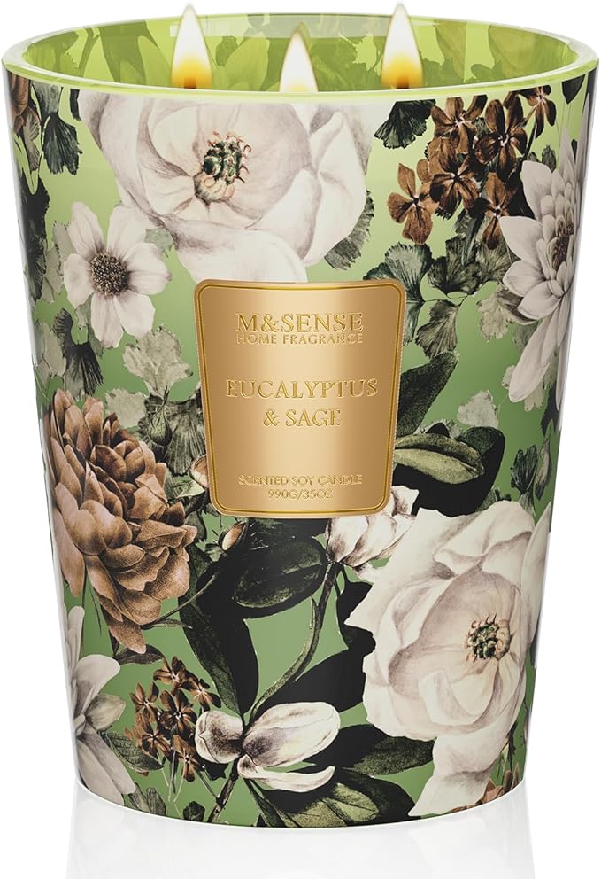 M&SENSE Eucalyptus Sage Soy Large Candles, 3-Wick 35oz 150H Slow Burning, Aromatherapy Candle for Sleep Support Winter Home Fragrance