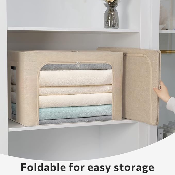 FHSQX 2 Pack Clear Window Storage Bins Foldable Fabric Storage Bins Boxes for Clothes Stackable Box Organizer Set with Carrying Handles (Beige, 22L,15.7x 11.8x 7.8 Inch)