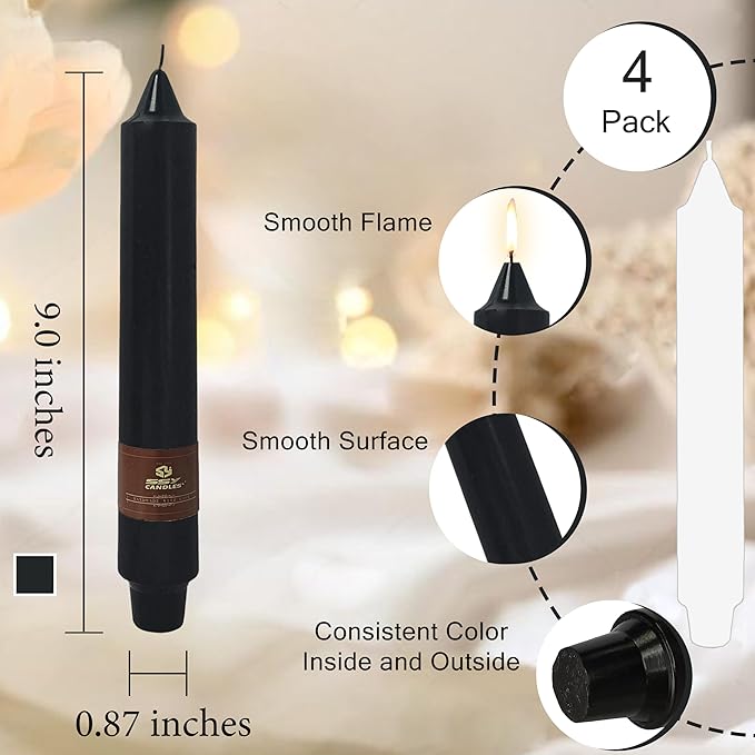 Black Halloween Taper Candles 4 Pack Hand-Poured 9 Inch Unscented Long Tapered Candles for Spooky Decor, Haunted Houses & Gothic Weddings - Clean Burning, Smokeless & Odorless