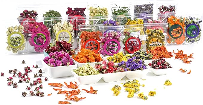 Natural Dried Fruit and Flower Kit for DIY Crafts - 25 Bags, Ideal for Soap Making, Candle Making, Resin Jewelry, Bath Bombs, and Nail Art - Includes Rose Petals, Rosebuds, Lilium, Jasmine, and More