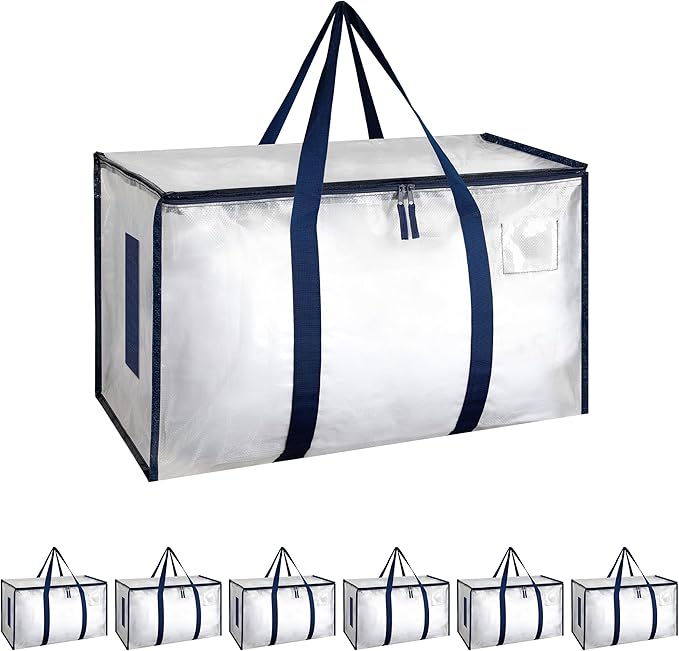 Simple Deluxe 6 Pack Extra Large Moving Bags with Lids, Reinforced Handles and Zippers, Heavy Duty Storage Tote for Moving Travel Camping Space Saving, White