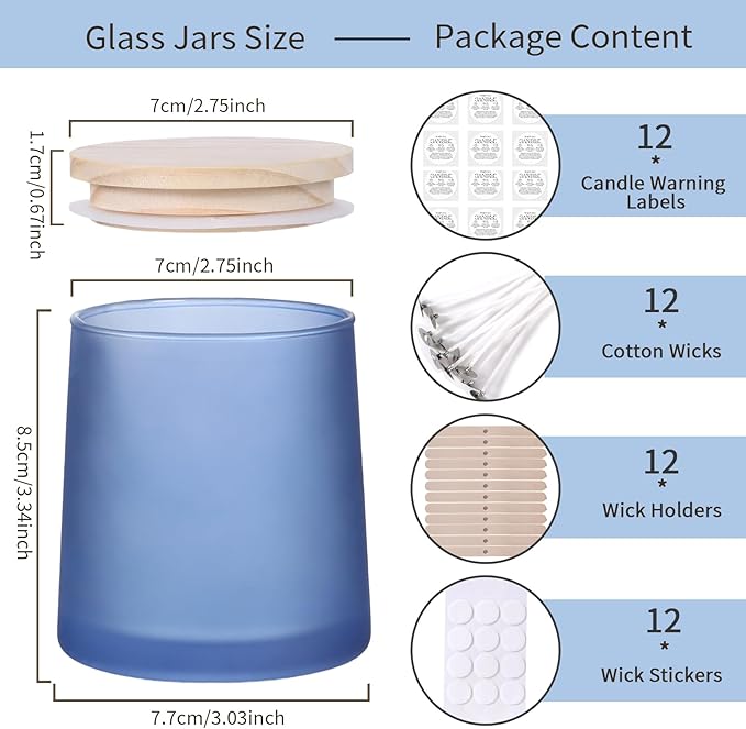 DARJEN 12 Pack Frosted Blue Candle Jars for Making Candles- 9 OZ Empty Glass Candle Making Jars with Making Kits, Candle Making Supplies Candle Containers for Home DIY & GIFS