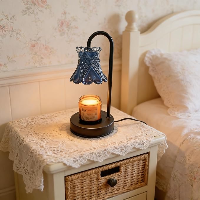 LANFU Candle Warmer Lamp with Dimmable, Blue Flower Lampshade Birthday Gifts for Women Mom, House Warming Gifts New Home Decor, Wax Melt Warmer for Jar Candles （Including Candles and Bulbs）