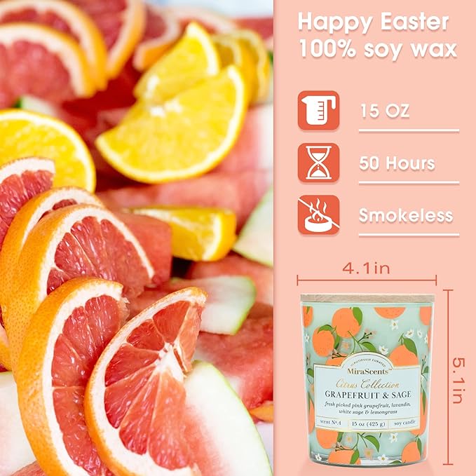 Grapefruit Candle,Grapefruit & Sage Secented Candles,Spring SummerScented Candle for Home & Kitchen Decor, Natural Soy Wax Candles,Candles Gift for Womens,Valentines Gift,10oz