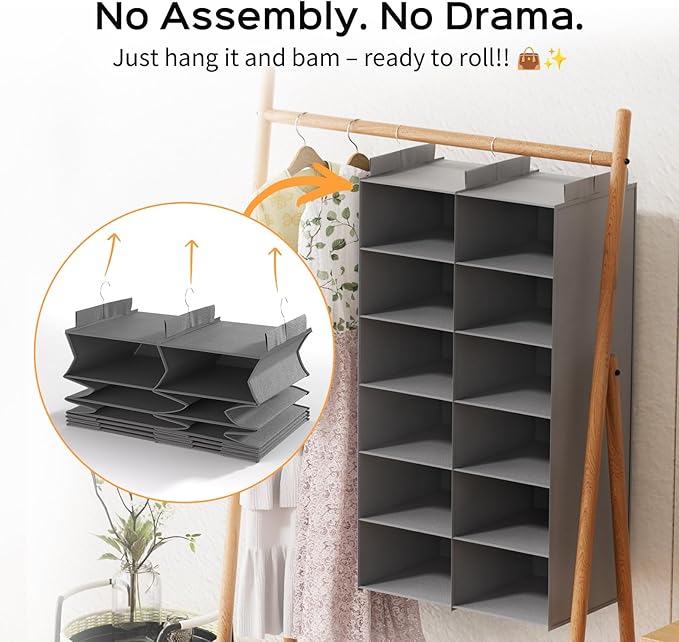ALLTIDYUP Space-Saving Hanging Closet Storage Organizer – Dual-Row Foldable Shelves with 3 Hooks, 6-Tier Wardrobe Organizer for Dorm, Bedroom, Closet (Grey)