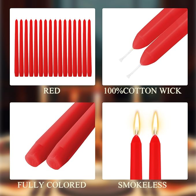 MTLEE 16 Pcs 10 Inch Long Tapered Candle Stick Bulk Smokeless Unscented Burning Candlestick Paraffin Wax with Cotton Wick for Valentine's Day Baby Shower Wedding Holiday Party Church (Red)