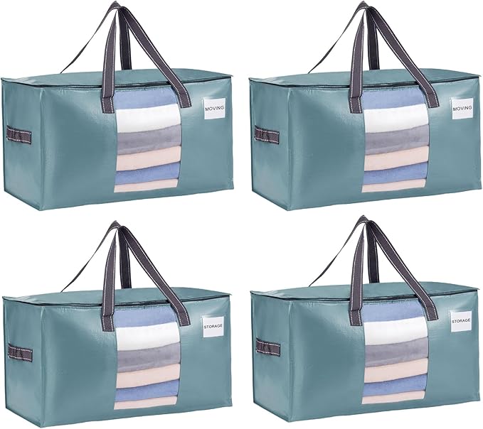 VENO 4 Pack Heavy Duty Moving Bags, Clothes and Comforter Storage Bags with Clear Window, College Dorm Essentials Packing Supplies, Foldable Boxes Alternative (Shiny Light Blue, 4 Pack)