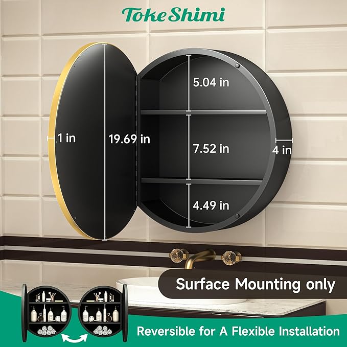 TokeShimi 20 Inch Round Gold Framed Medicine Cabinet for Bathroom with Vanity Mirror Small Metal Bathroom Mirrored Cabinet for Wall Mounted Only Circle Farmhouse Medicine Cabinet Detachable Shelves