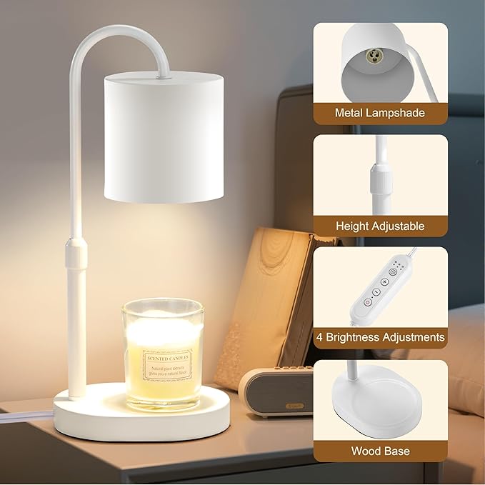 Dreamholder Electric Candle Warmer Lamp with Timer & Dimmer, Adjustable Height Wax Melt Warmer for Jar Candles, Wood Base Candle Melter, Floral Home Decor Gifts for Women, Mom, White