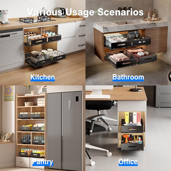 2 Pack Pull Out Cabinet Organizer, Slide Out Drawers for Cabinets, Peel and Stick, Heavy Duty Shelves for Kitchen, Cupboard, Pantry, Bathroom (16.5"D*11.8"W*3.94"H-Black)