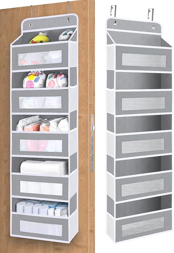 Over The Door Organizer Storage, 5 Shelf Hanging Door Organizer with 10 Large Capacity Pockets, Anti Tilt 44 lb Load Behind Door Storage for Bedroom, Bathroom, Pantry, Nursery, (Grey)