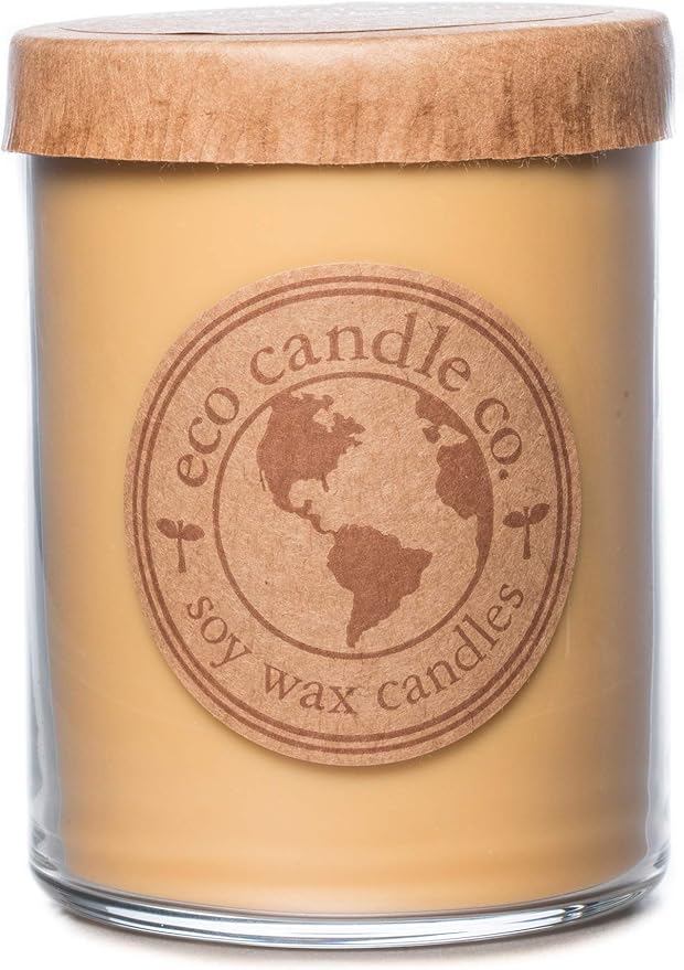 ECO CANDLE CO. Recycled Candle, Caramel Rum Cake, 18 oz. Double Wick - Scents of Caramel, Rum, Maple, Almond, Pear, & Vanilla - 100% Soy Wax, No Lead, Kraft Paper Label & Lid, Hand Poured