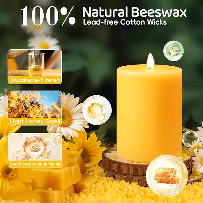 4 Pack Pure Nature Beeswax Pillar Candles, 2x4 Inches, 140 Hours Long Burn Time, Smokeless and Unscented Beeswax Candles for Home,Paryer,Parties