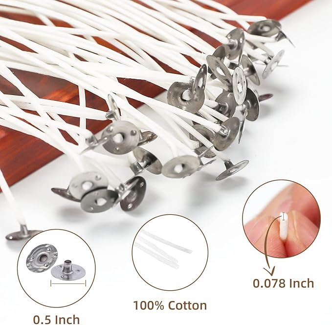 JEAWIWI 100 Pcs Cotton Candle Wicks (10 Inches) with 100 Pcs Wick Stickers and 10 Pcs Wooden Candle Wick Holders, Candle Wicks for Soy Wax, Beeswax, Coconut Wax