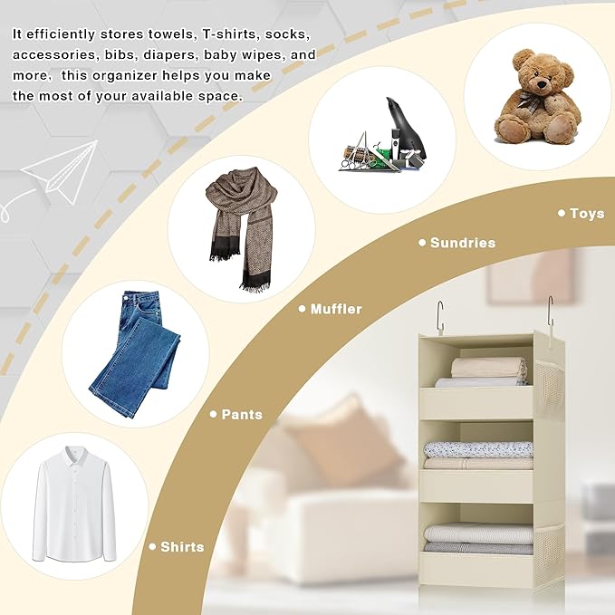 3-Shelf Hanging Closet Organizer and Storage, Foldable Hanging Closet Shelves Front Lip Design Washable Hanging Storage, Beige