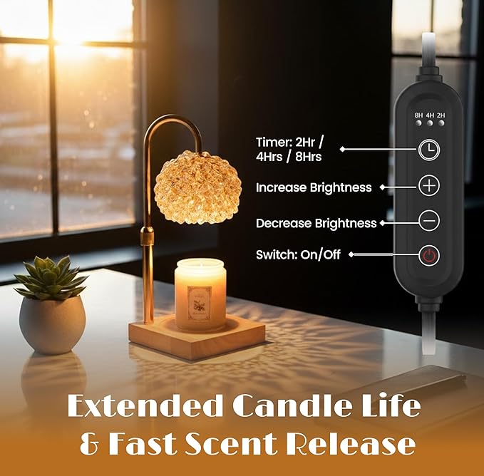 Glass Candle Warmer Lamp with Timer - Adjustable Height Candle Lamp Warmer with Crystal Shade, Timer (8H/4H/2H) - Wax Melter with Jar Candle - Ideal Gift, fits Various Size Candles